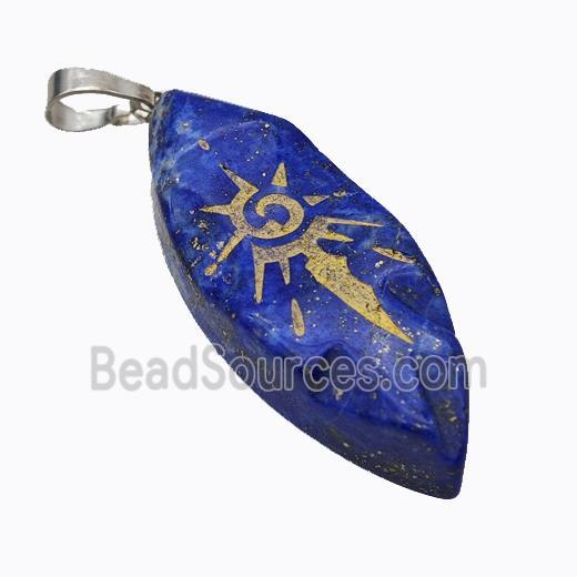 Natural Blue Lapis Lazuli Leaf Pendant Sun Golden Painted