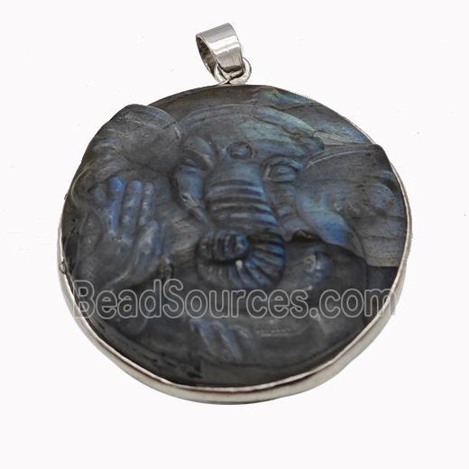 Natural Labradorite Ganesha Pendant Carved Elephant
