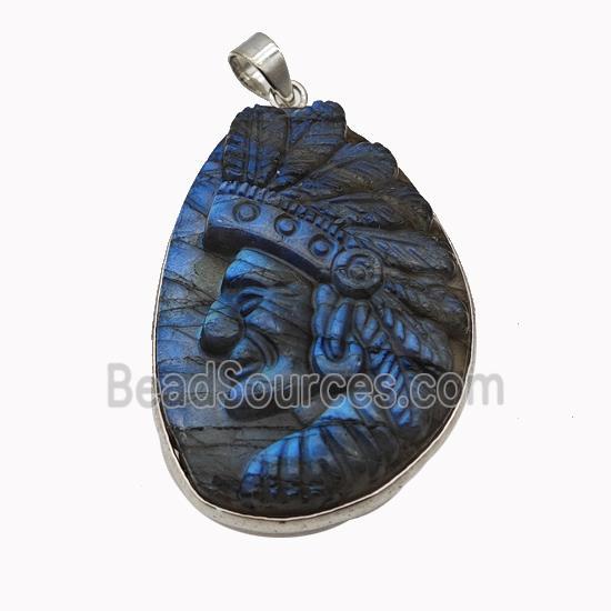 Natural Labradorite Pendant Tribal Leader Carved