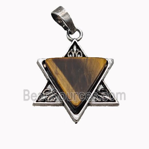 Alloy David Star Pendant Pave Tiger Eye Stone Antique Silver