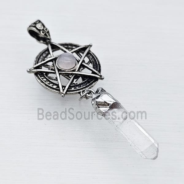 Alloy Star Pendant Pave Clear Quartz With Crystal Quartz Stick Antique Silver