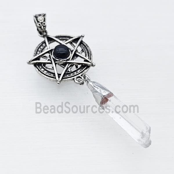 Alloy Star Pendant Pave Black Obsidian With Crystal Quartz Stick Antique Silver