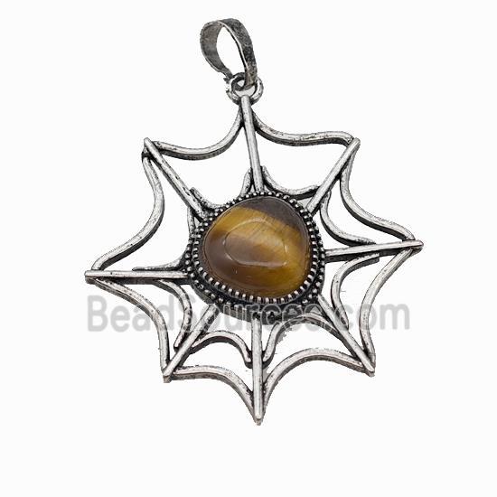 Alloy Spiderweb Pendant Pave Tiger Eye Antique Silver