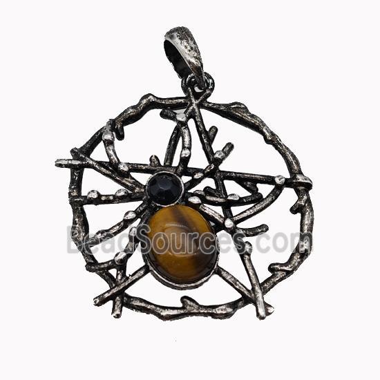 Alloy Spider Pendant Pave Tiger Eye Stone Antique Silver