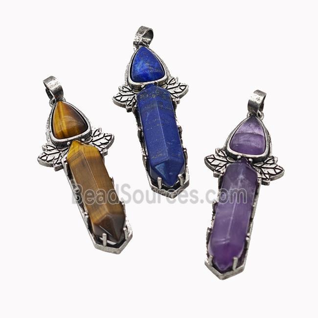 Natural Gemstone Prism Pendant Alloy Leaf Antique Silver Mixed