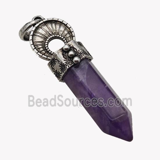 Natural Purple Amethyst Prism Pendant Alloy Antique Silver