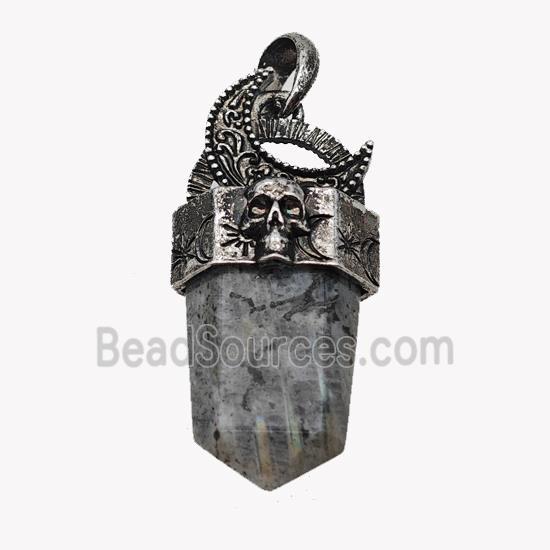 Natural Labradorite Prism Pendant Alloy Moon Skull Antique Silver