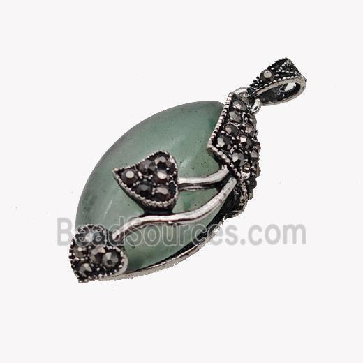 Natural Green Aventurine Leaf Pendant Alloy Pave Rhinestone Antique Silver