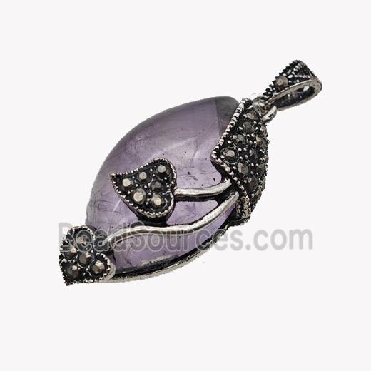 Natural Purple Amethyst Leaf Pendant Alloy Pave Rhinestone Antique Silver