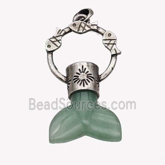 Natural Green Aventurine Mermaid-tail Pendant Alloy Fish Antique Silver