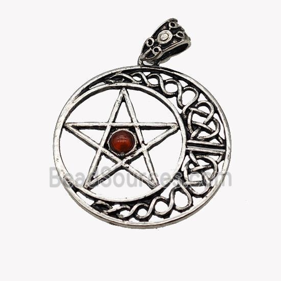 Alloy Moon Star Pendant Pave Red Agate Antique Silver