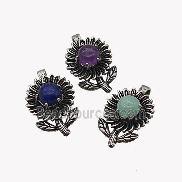 Alloy Sunflower Pendant Pave Gemstone Antique Silver Mixed