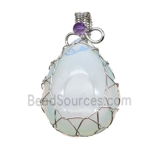 White Opalite Teardrop Pendant Copper Wire Wrapped Platinum Plated