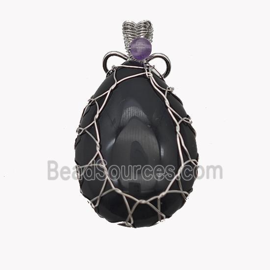 Natural Black Obsidian Teardrop Pendant Copper Wire Wrapped Platinum Plated