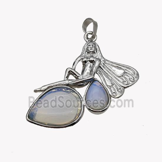 Alloy Fairy Pendant Pave Opalite Platinum Plated