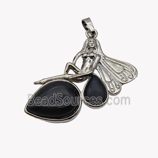 Alloy Fairy Pendant Pave Black Obsidian Platinum Plated