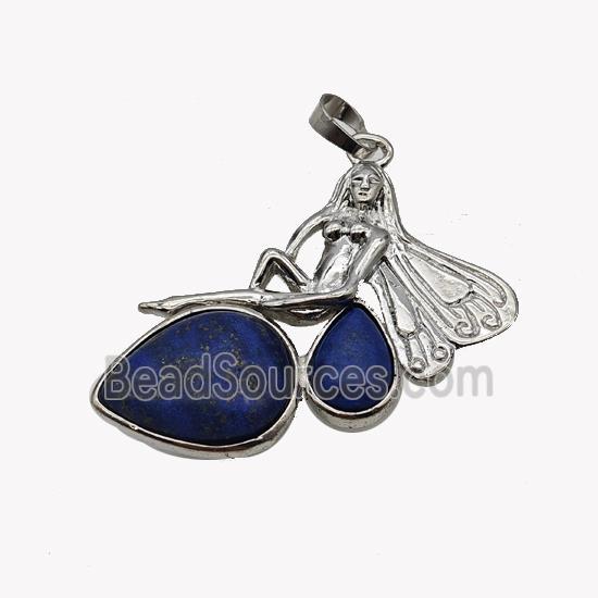 Alloy Fairy Pendant Pave Blue Lapis Lazuli Platinum Plated