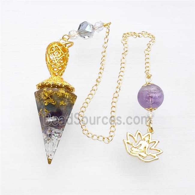 Gemstone Chips Resin Pendulum Pendant With Chain Lotus Gold Plated