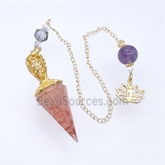 Rose Quartz Chips Resin Pendulum Pendant With Chain Lotus Gold Plated