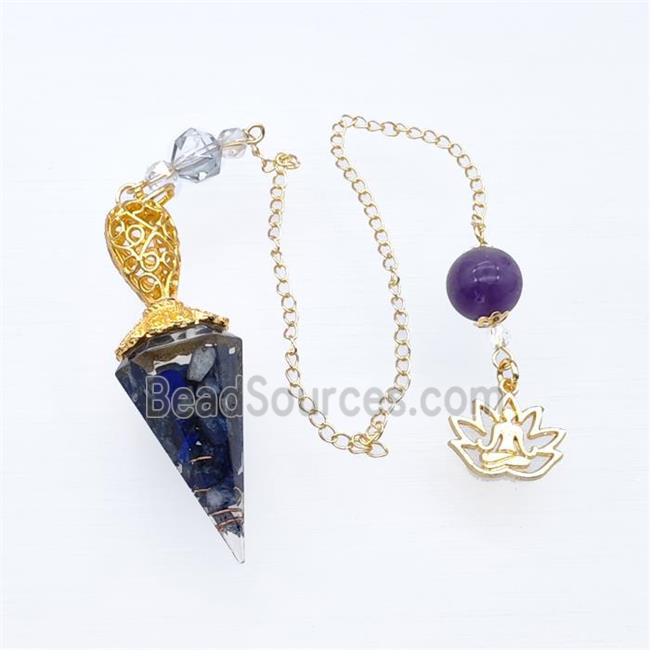 Blue Lapis Lazuli Chips Resin Pendulum Pendant With Chain Lotus Gold Plated