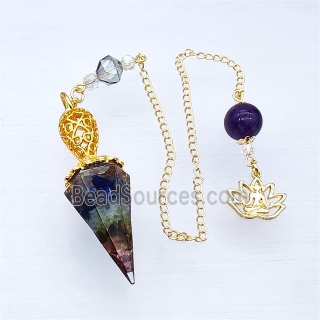 Gemstone Chakra Chips Resin Pendulum Pendant With Chain Lotus Gold Plated