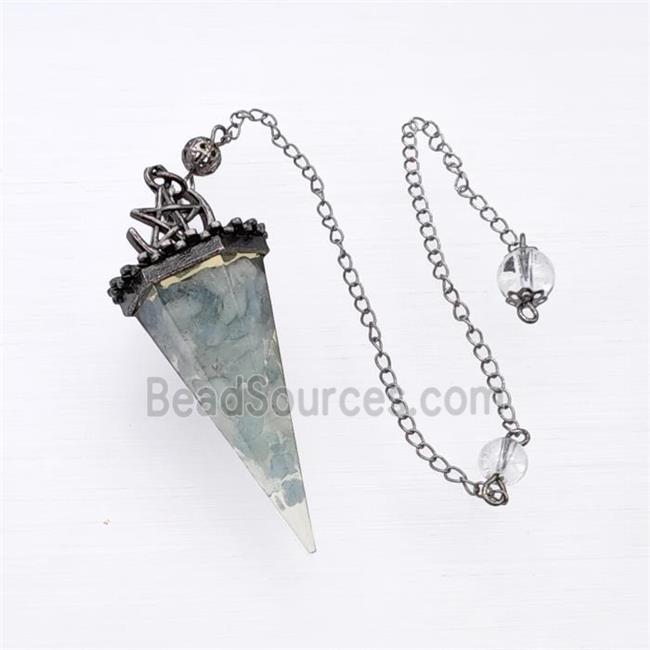 Blue Aquamarine Chips Resin Pendulum Pendant With Chain Antique Silver