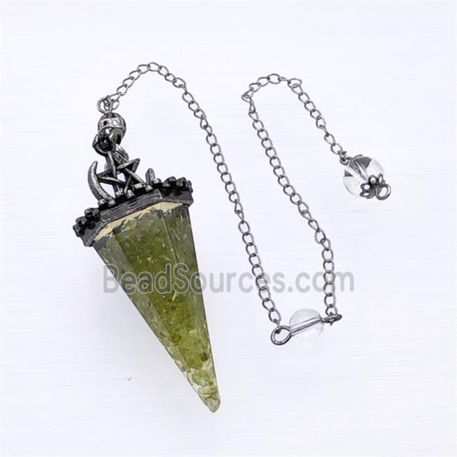 Green Peridot Chips Resin Pendulum Pendant With Chain Antique Silver