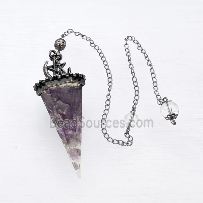Purple Amethyst Chips Resin Pendulum Pendant With Chain Antique Silver