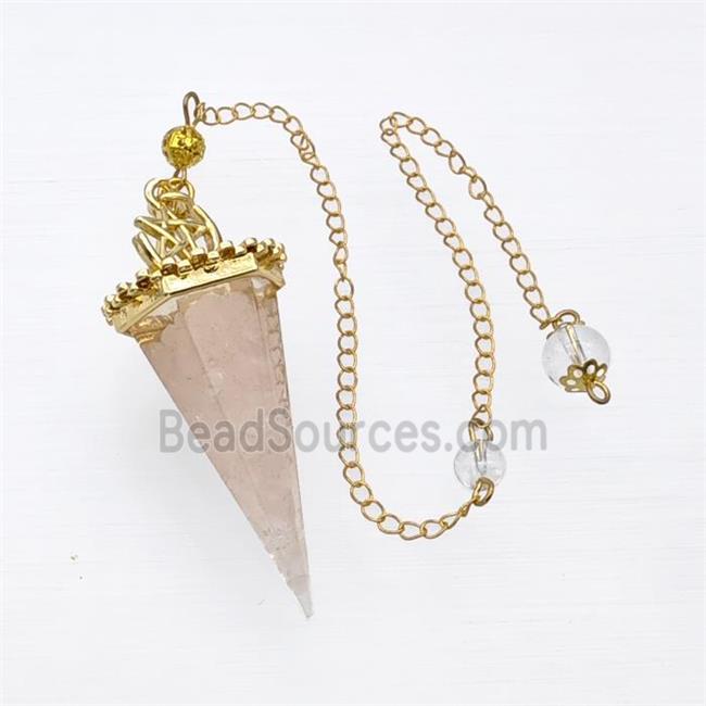 Pink Rose Quartz Chips Resin Pendulum Pendant With Chain Gold Plated