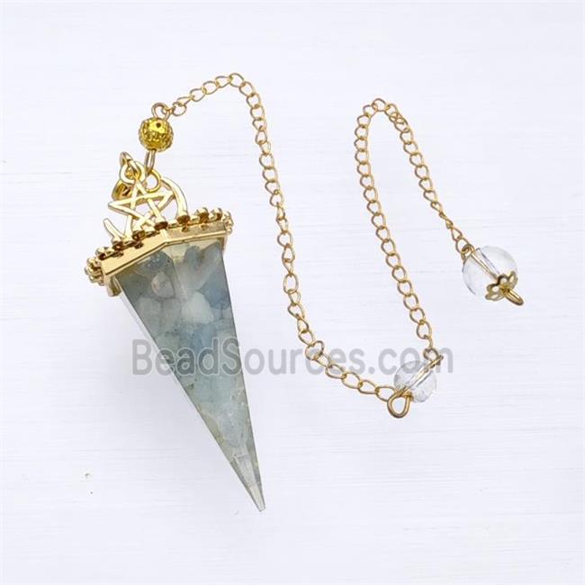 Blue Aquamarine Chips Resin Pendulum Pendant With Chain Gold Plated