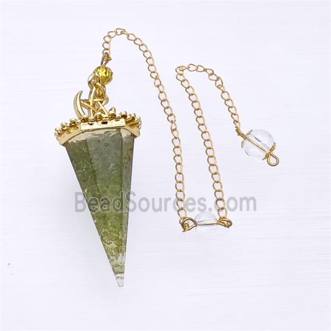 Green Peridot Chips Resin Pendulum Pendant With Chain Gold Plated