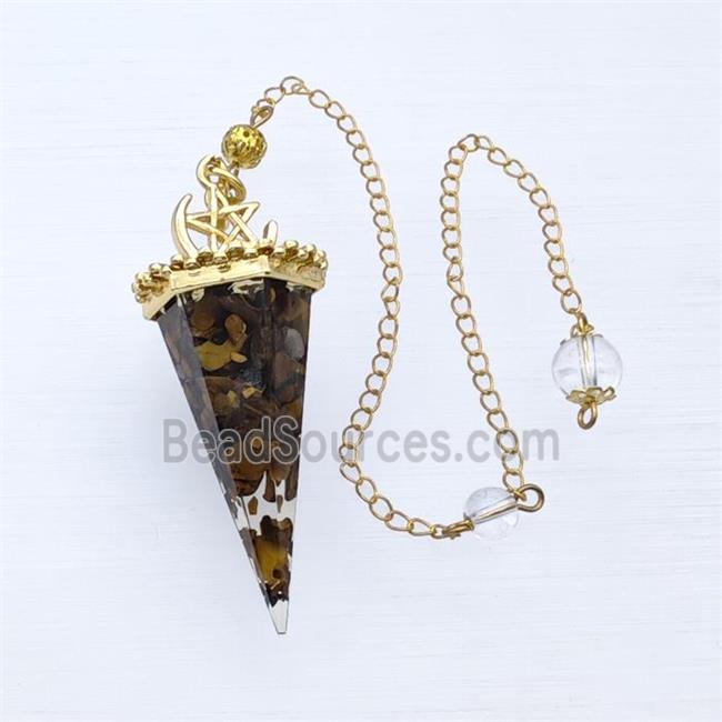 Tiger Eye Stone Chips Resin Pendulum Pendant With Chain Gold Plated