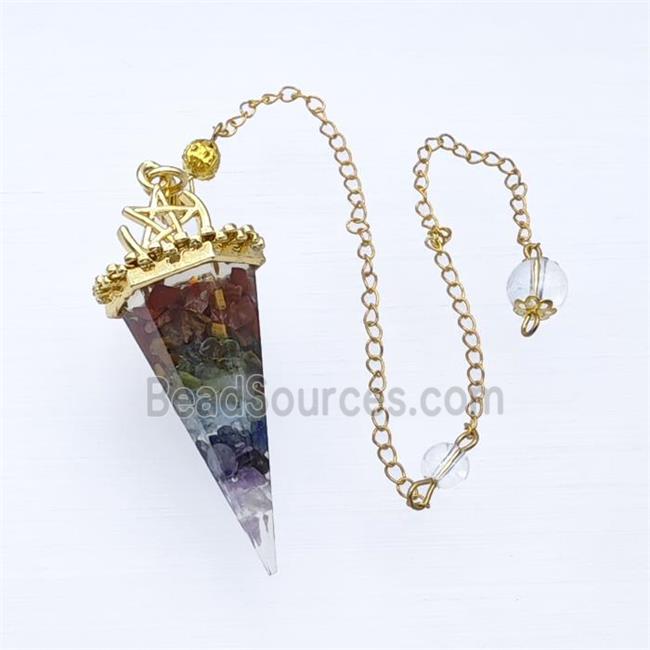 Gemstone Chakra Chips Resin Pendulum Pendant With Chain Gold Plated