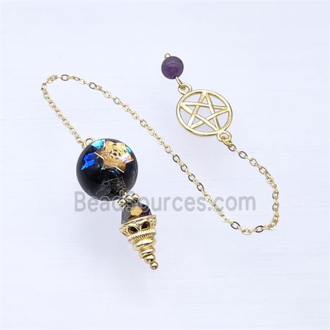 Black Obsidian Sphere Pendant With Chain Star Gold Plated