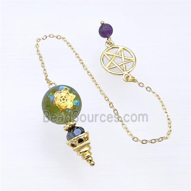 Green Peridot Chips Acrylic Sphere Pendant With Chain Star Gold Plated