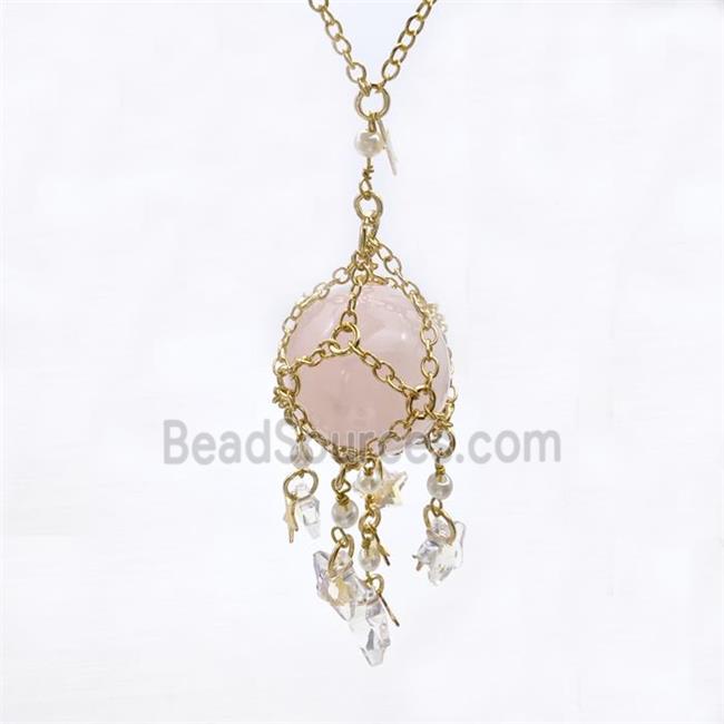 Pink Rose Quartz Sphere Necklace Copper Chain Wrapped Gold Plated