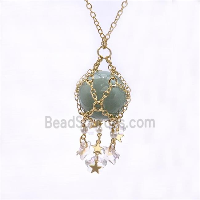 Green Aventurine Sphere Necklace Copper Chain Wrapped Gold Plated