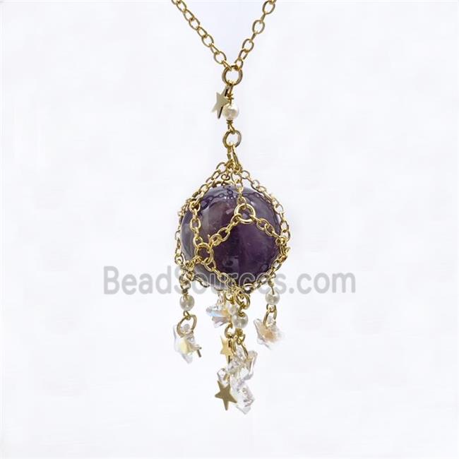 Purple Amethyst Sphere Necklace Copper Chain Wrapped Gold Plated