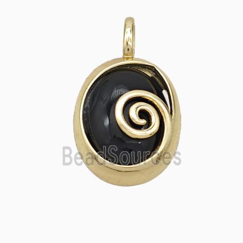 Copper Oval Pendant Pave Black Obsidian Gold Plated