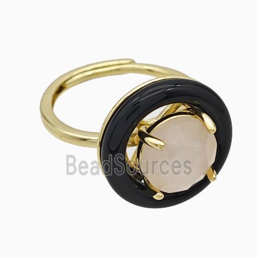 Copper Rings Pave Rose Quartz Black Enamel Adjustable Gold Plated