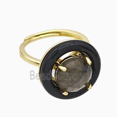 Copper Rings Pave Labradorite Black Enamel Adjustable Gold Plated