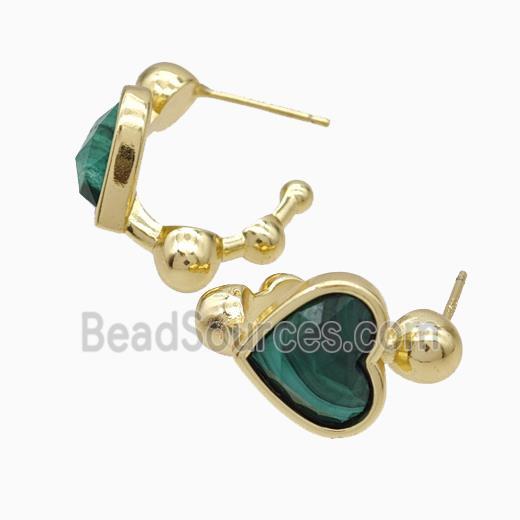 Copper Heart Stud Earrings Pave Malachite Gold Plated