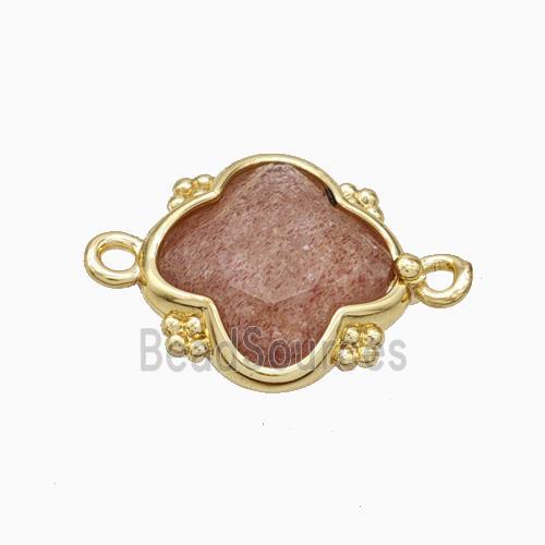 Natural Pink Strawberry Quartz Clover Connector Gold Plated