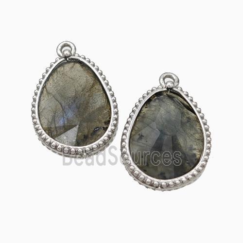 Natural Labradorite Teardrop Pendant Platinum Plated