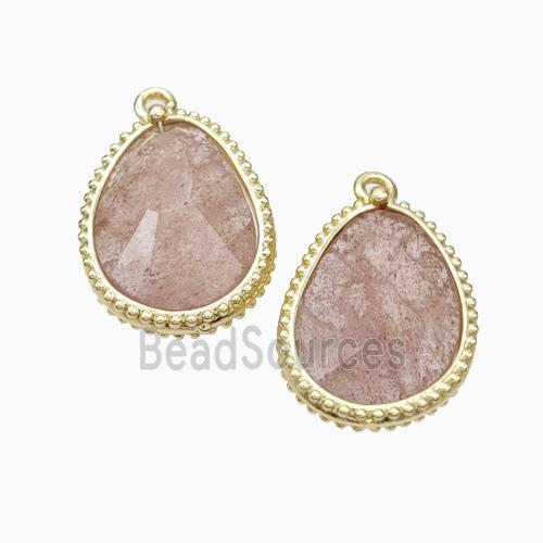 Pink Strawberry Quartz Teardrop Pendant Gold Plated