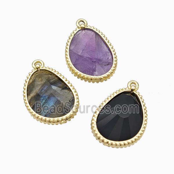 Natural Gemstone Teardrop Pendant Faceted Gold Plated Mixed