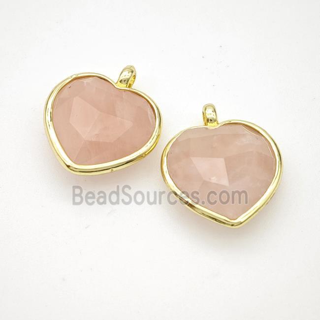 Natural Pink Rose Quartz Heart Pendant Faceted Gold Plated