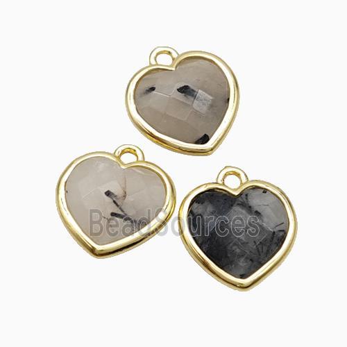 Natural Black Rutilated Quartz Heart Pendant Faceted Gold Plated