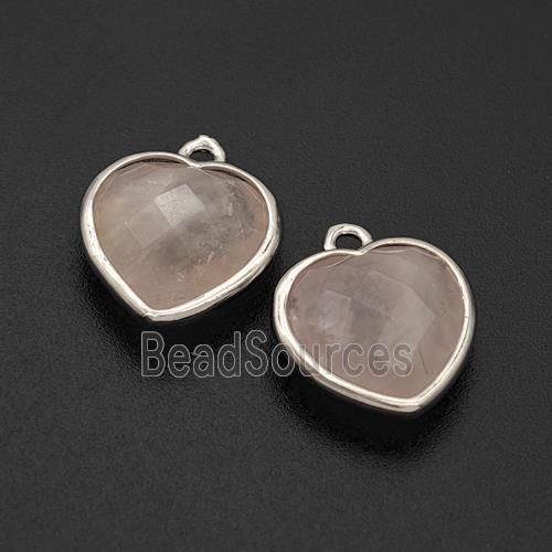 Natural Pink Rose Quartz Heart Pendant Faceted Platinum Plated