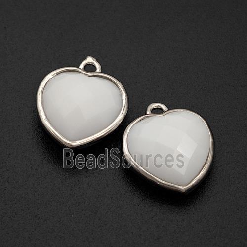 White Porcelain Heart Pendant Faceted Platinum Plated